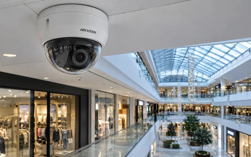 Купольная Hikvision под потолком ТЦ: ряд магазинов в кадре