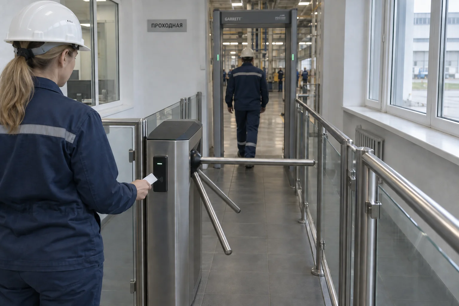 Сотрудница: карта к триподу; позади — проход через металлодетектор